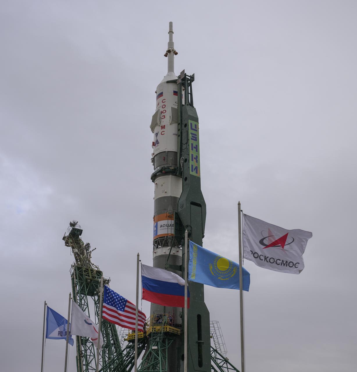 The Soyuz rocket is seen after being rolled out by train to the launch pad at Site 31, Sunday, Sept. 8, 2024, at the Baikonur Cosmodrome in Kazakhstan. Expedition 72 crew members: NASA astronaut Don Pettit, Roscosmos cosmonauts Alexey Ovchinin, and Ivan Vagner, are scheduled to launch aboard their Soyuz MS-26 spacecraft on September 11. Photo Credit: (NASA/Bill Ingalls)