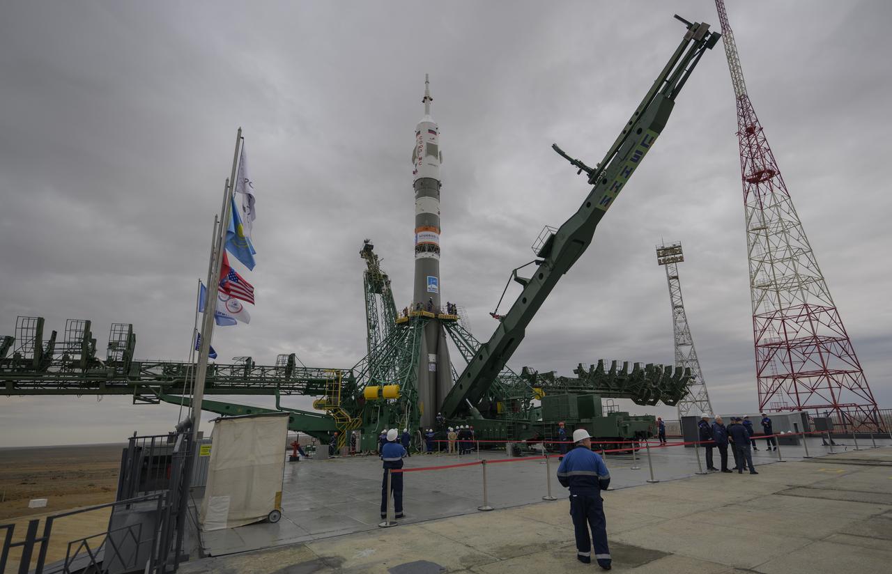 The Soyuz rocket is seen after being rolled out by train to the launch pad at Site 31, Sunday, Sept. 8, 2024, at the Baikonur Cosmodrome in Kazakhstan. Expedition 72 crew members: NASA astronaut Don Pettit, Roscosmos cosmonauts Alexey Ovchinin, and Ivan Vagner, are scheduled to launch aboard their Soyuz MS-26 spacecraft on September 11. Photo Credit: (NASA/Bill Ingalls)