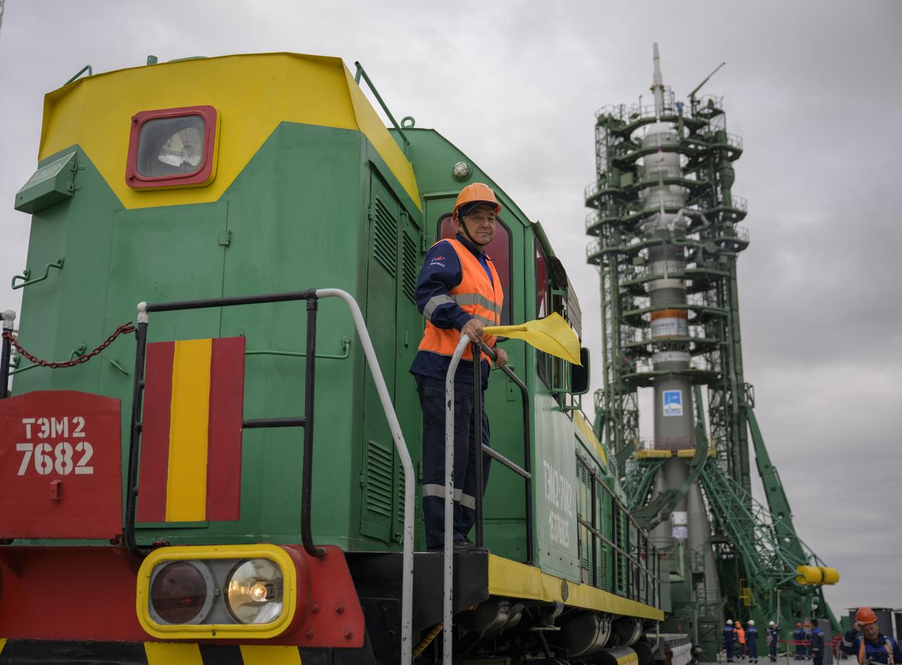 The Soyuz rocket is seen after being rolled out by train to the launch pad at Site 31, Sunday, Sept. 8, 2024, at the Baikonur Cosmodrome in Kazakhstan. Expedition 72 crew members: NASA astronaut Don Pettit, Roscosmos cosmonauts Alexey Ovchinin, and Ivan Vagner, are scheduled to launch aboard their Soyuz MS-26 spacecraft on September 11. Photo Credit: (NASA/Bill Ingalls)