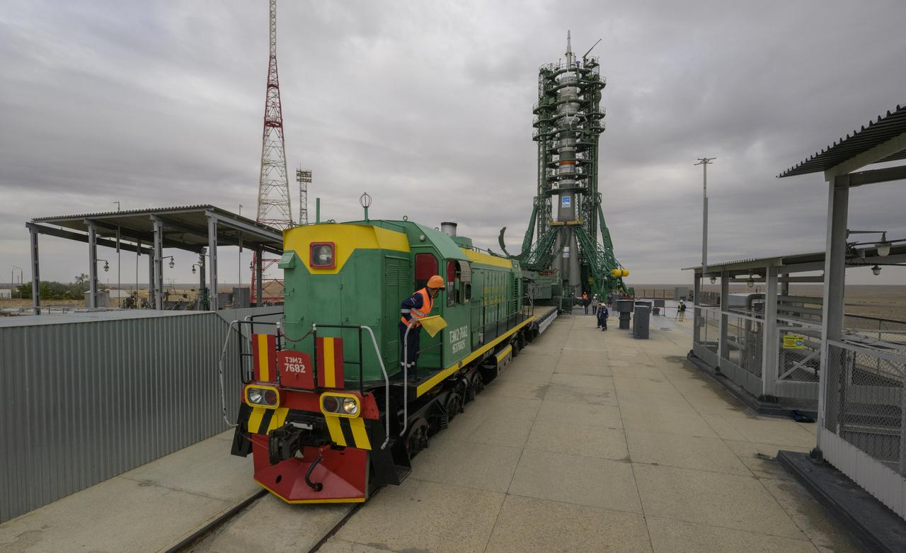 The Soyuz rocket is seen after being rolled out by train to the launch pad at Site 31, Sunday, Sept. 8, 2024, at the Baikonur Cosmodrome in Kazakhstan. Expedition 72 crew members: NASA astronaut Don Pettit, Roscosmos cosmonauts Alexey Ovchinin, and Ivan Vagner, are scheduled to launch aboard their Soyuz MS-26 spacecraft on September 11. Photo Credit: (NASA/Bill Ingalls)