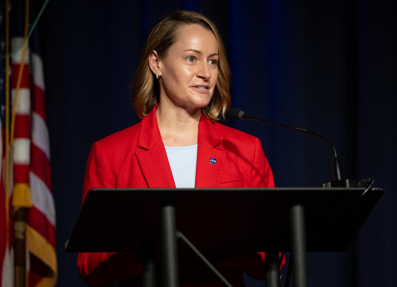 Erica Rodgers, director of advanced programs for NASA’s Office of Technology, Policy, and Strategy, welcomes employees to a NASA Town Hall with the director of the White House Office of Science and Technology Policy, Monday, Sept. 9, 2024, at the Mary W. Jackson NASA Headquarters building in Washington. Photo Credit: (NASA/Joel Kowsky)