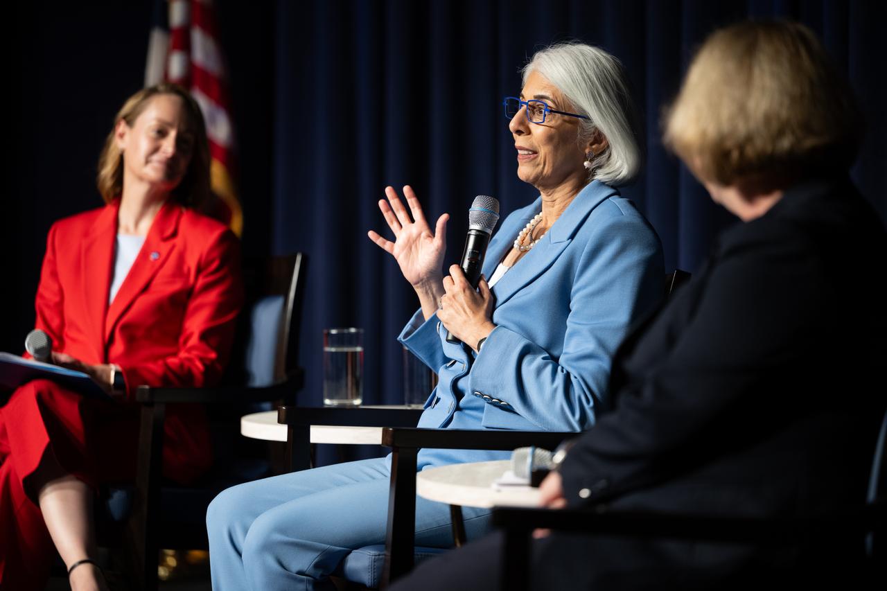 Arati Prabhakar, Director of the White House Office of Science and Technology Policy, center, speaks during a NASA town hall, Monday, Sept. 9, 2024, at the Mary W. Jackson NASA Headquarters building in Washington. Photo Credit: (NASA/Joel Kowsky)