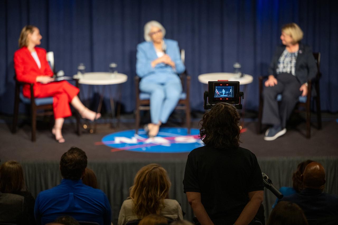 Erica Rodgers, director of advanced programs for NASA’s Office of Technology, Policy, and Strategy, left, Arati Prabhakar, Director of the White House Office of Science and Technology Policy, center, and NASA Deputy administrator Pam Melroy, are seen during a NASA employee town hall, Monday, Sept. 9, 2024, at the Mary W. Jackson NASA Headquarters building in Washington. Photo Credit: (NASA/Joel Kowsky)