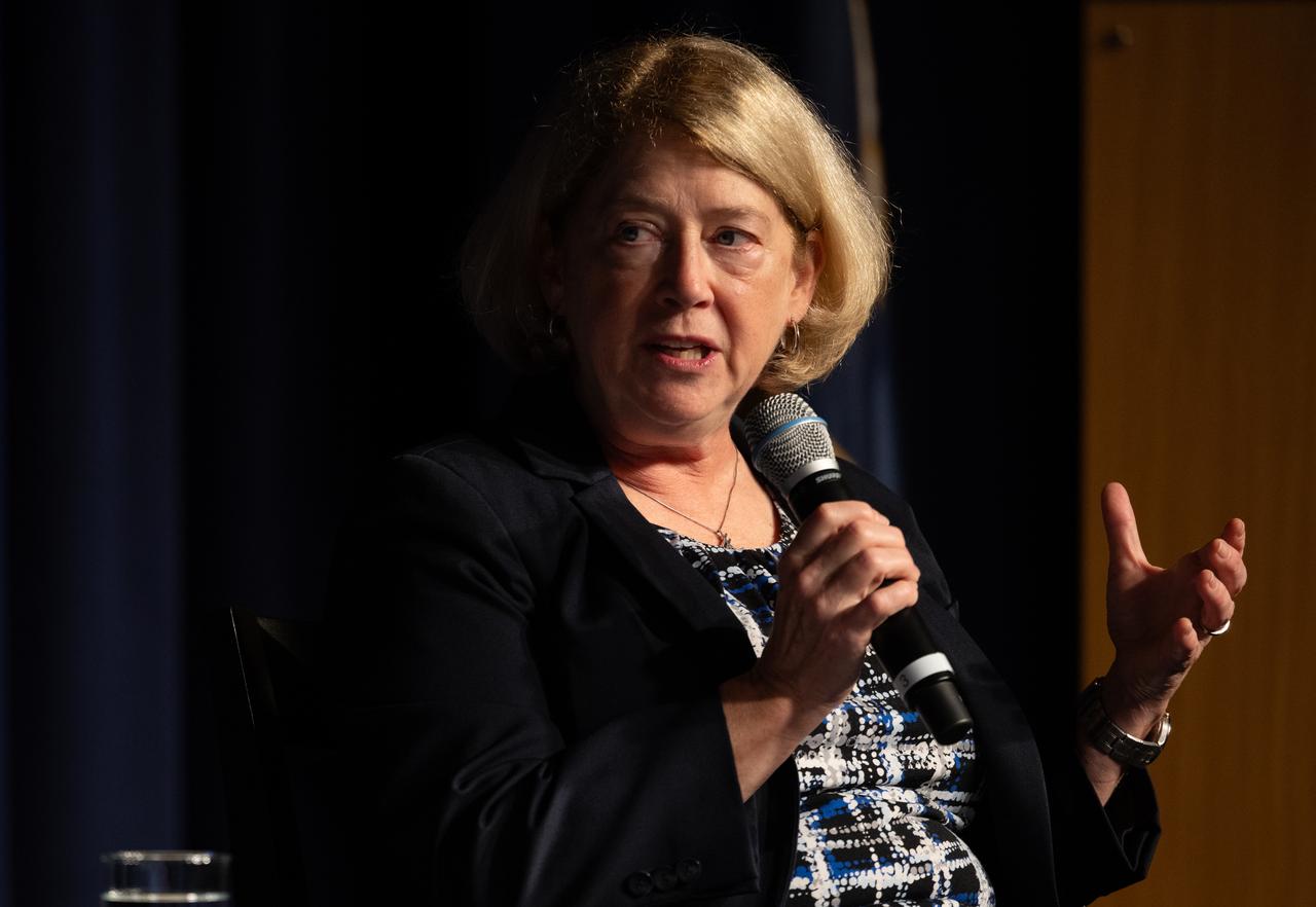 NASA Deputy Administrator Pam Melroy speaks during a NASA employee town hall with the director of the White House Office of Science and Technology Policy, Monday, Sept. 9, 2024, at the Mary W. Jackson NASA Headquarters building in Washington. Photo Credit: (NASA/Joel Kowsky)