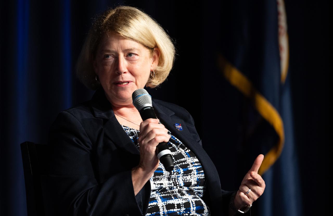 NASA Deputy Administrator Pam Melroy speaks during a NASA employee town hall with the director of the White House Office of Science and Technology Policy, Monday, Sept. 9, 2024, at the Mary W. Jackson NASA Headquarters building in Washington. Photo Credit: (NASA/Joel Kowsky)