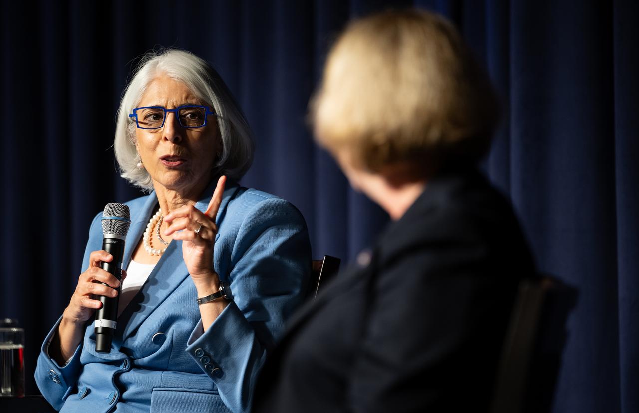 Arati Prabhakar, Director of the White House Office of Science and Technology Policy, speaks during a NASA employee town hall, Monday, Sept. 9, 2024, at the Mary W. Jackson NASA Headquarters building in Washington. Photo Credit: (NASA/Joel Kowsky)