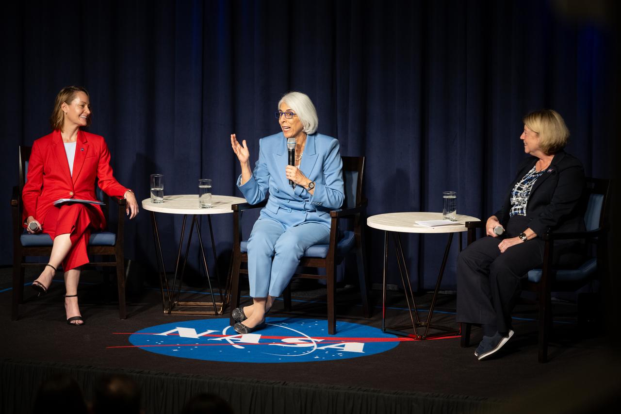 Erica Rodgers, director of advanced programs for NASA’s Office of Technology, Policy, and Strategy, left, Arati Prabhakar, Director of the White House Office of Science and Technology Policy, center, and NASA Deputy administrator Pam Melroy, are seen during a NASA employee town hall, Monday, Sept. 9, 2024, at the Mary W. Jackson NASA Headquarters building in Washington. Photo Credit: (NASA/Joel Kowsky)
