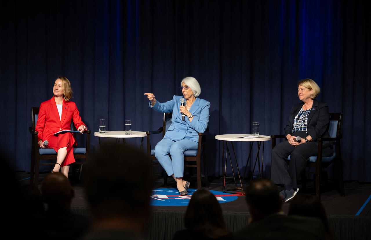 Erica Rodgers, director of advanced programs for NASA’s Office of Technology, Policy, and Strategy, left, Arati Prabhakar, Director of the White House Office of Science and Technology Policy, center, and NASA Deputy administrator Pam Melroy, are seen during a NASA employee town hall, Monday, Sept. 9, 2024, at the Mary W. Jackson NASA Headquarters building in Washington. Photo Credit: (NASA/Joel Kowsky)