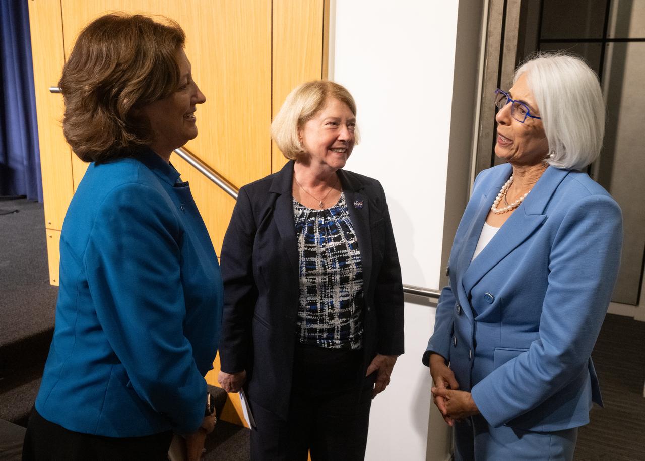 Laurie Leshin, director of NASA’s Jet Propulsion Laboratory, left, Arati Prabhakar, Director of the White House Office of Science and Technology Policy, right, and NASA Deputy administrator Pam Melroy, center, are seen following a NASA employee town hall, Monday, Sept. 9, 2024, at the Mary W. Jackson NASA Headquarters building in Washington. Photo Credit: (NASA/Joel Kowsky)