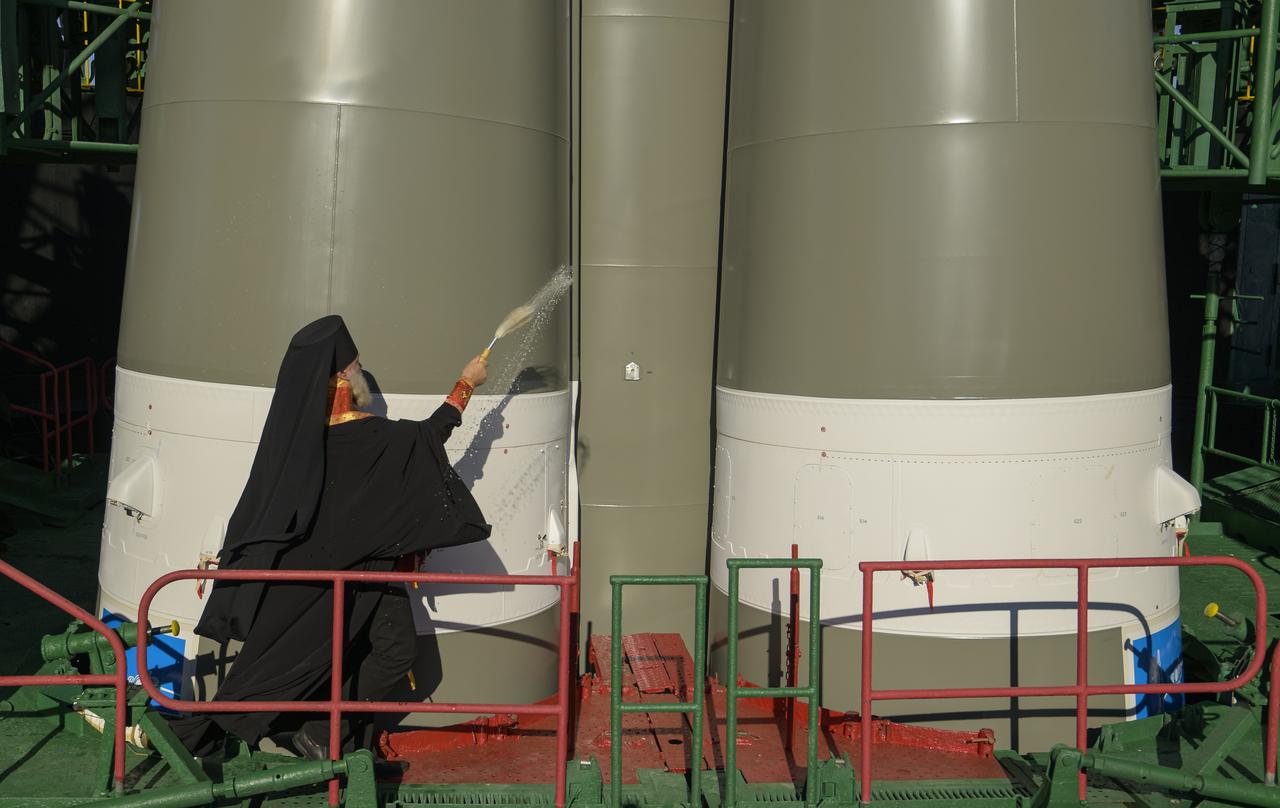 Bishop Ignatii of Kyzylorda and Aktobe blesses the Soyuz rocket, Tuesday, Sept. 10, 2024, at the Baikonur Cosmodrome site 31 launch in Kazakhstan. Expedition 72 crew members: NASA astronaut Don Pettit, Roscosmos cosmonauts Alexey Ovchinin, and Ivan Vagner, are scheduled to launch aboard their Soyuz MS-26 spacecraft on September 11. Photo Credit: (NASA/Bill Ingalls)