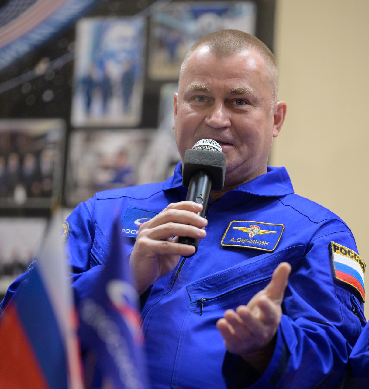 Roscosmos cosmonaut Alexey Ovchinin is seen in quarantine, behind glass, during a press conference, Tuesday, Sept. 10, 2024 a the Cosmonaut Hotel in Baikonur, Kazakhstan. Expedition 72 crew members: NASA astronaut Don Pettit, Roscosmos cosmonauts Alexey Ovchinin, and Ivan Vagner, are scheduled to launch aboard their Soyuz MS-26 spacecraft on September 11. Photo Credit: (NASA/Bill Ingalls)