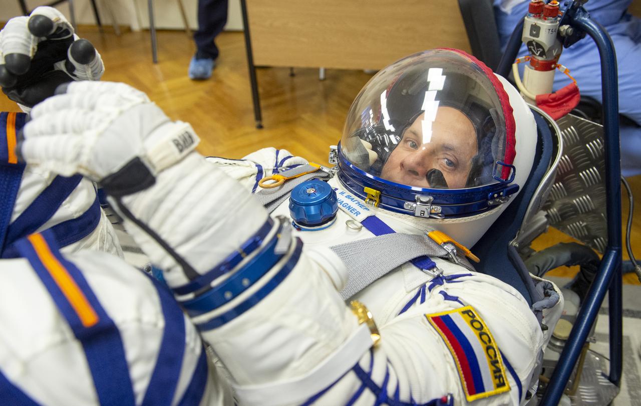 Roscosmos cosmonaut Ivan Vagner has his Russian Sokol suit pressure checked as he and fellow crew mates, NASA astronaut Don Pettit, and Roscosmos cosmonaut Alexey Ovchinin, prepare for their Soyuz launch to the International Space Station Wednesday, Sept. 11, 2024 in Baikonur, Kazakhstan. The launch will send Pettit, Ovchinin, and Vagner on a mission to the International Space Station. Photo Credit: (NASA/GCTC/Andrey Shelepin)