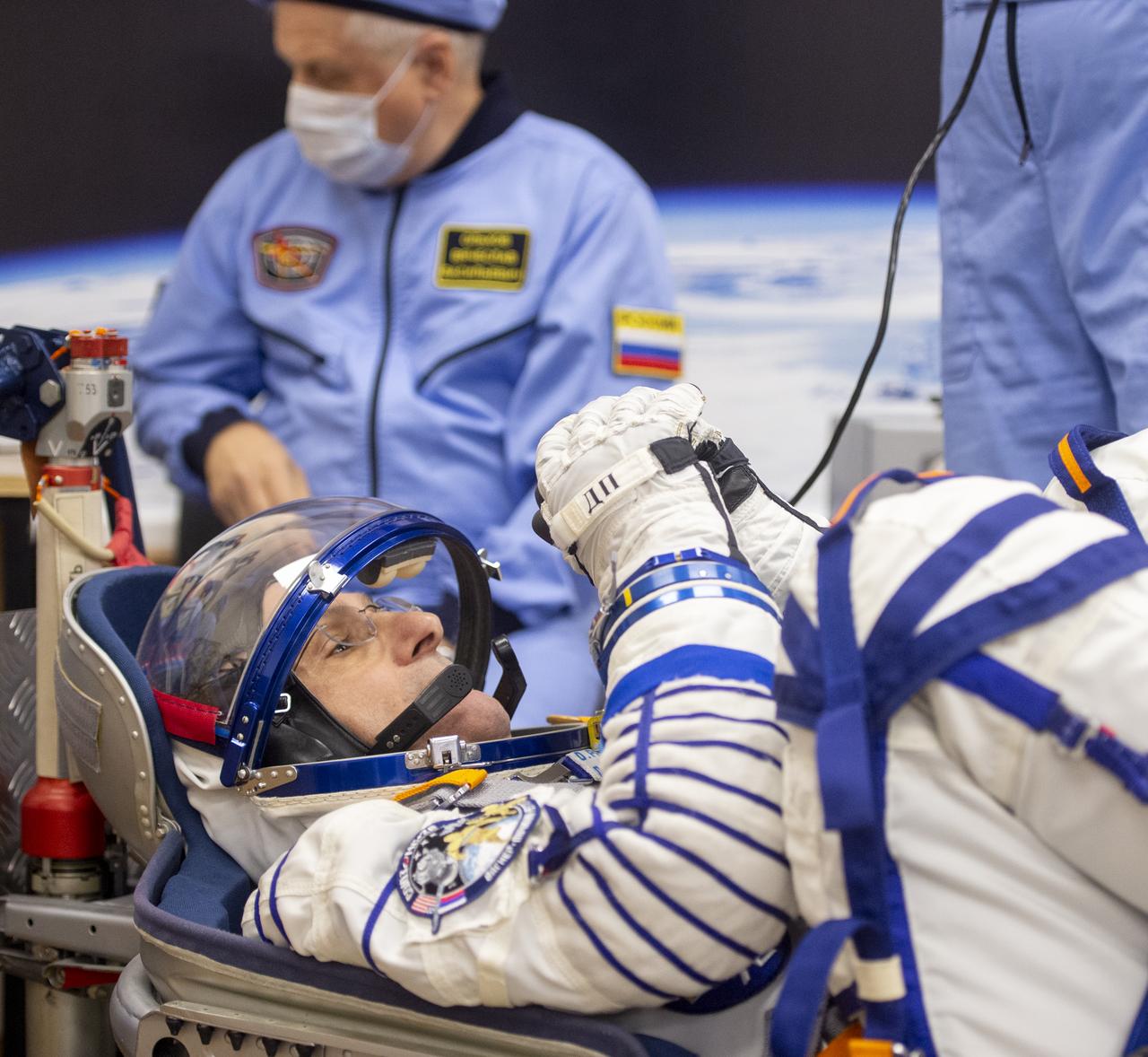 NASA astronaut Don Pettit has his Russian Sokol suit pressure checked as he and fellow crew mates, Roscosmos cosmonauts Alexey Ovchinin, and Ivan Vagner, prepare for their Soyuz launch to the International Space Station Wednesday, Sept. 11, 2024 in Baikonur, Kazakhstan. The launch will send Pettit, Ovchinin, and Vagner on a mission to the International Space Station. Photo Credit: (NASA/GCTC/Andrey Shelepin)