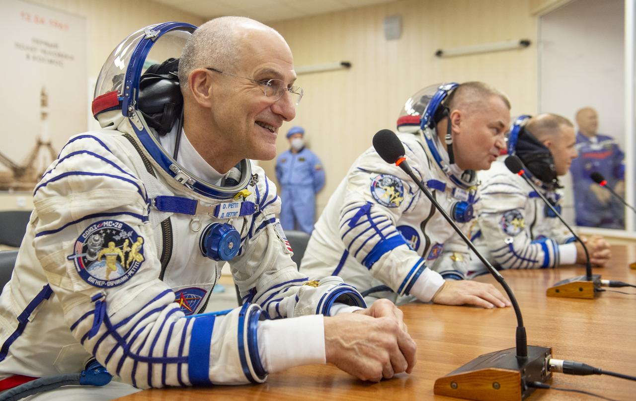 Expedition 72 crew members: NASA astronaut Don Pettit, left, Roscosmos cosmonauts Alexey Ovchinin, center, and Ivan Vagner, talk to mission management and family ahead of their Soyuz launch to the International Space Station Wednesday, Sept. 11, 2024 in Baikonur, Kazakhstan. The launch will send Pettit, Ovchinin, and Vagner on a mission to the International Space Station. Photo Credit: (NASA/GCTC/Andrey Shelepin)