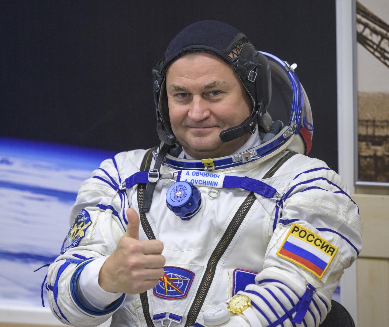 Roscosmos cosmonaut Alexey Ovchinin waits to have his Russian Sokol suit pressure checked as he and fellow crew mates, Roscosmos cosmonaut Ivan Vagner, and NASA astronaut Don Pettit, prepare for their Soyuz launch to the International Space Station Wednesday, Sept. 11, 2024 in Baikonur, Kazakhstan. The launch will send Pettit, Ovchinin, and Vagner on a mission to the International Space Station. Photo Credit: (NASA/Bill Ingalls)