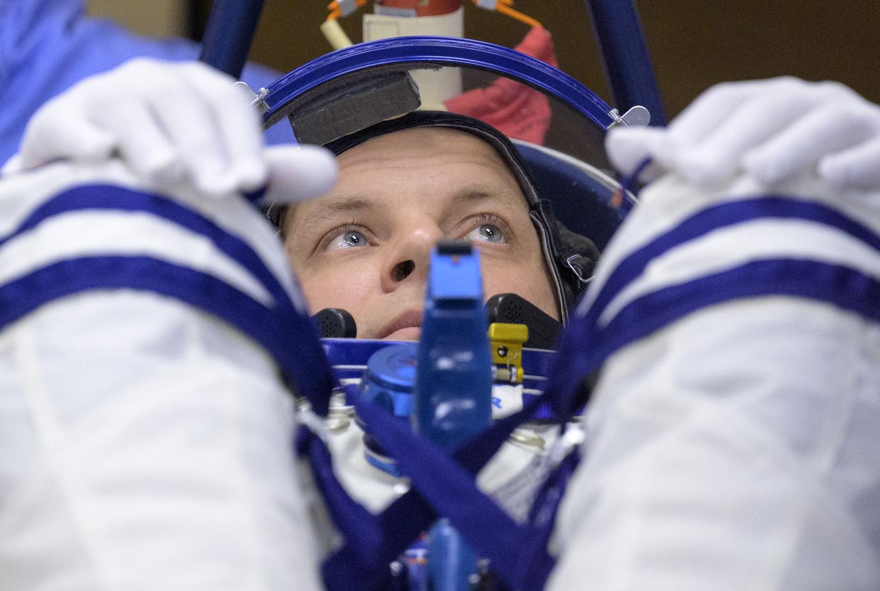Roscosmos cosmonaut Ivan Vagner has his Russian Sokol suit pressure checked as he and fellow crew mates, Roscosmos cosmonaut Alexey Ovchinin, and NASA astronaut Don Pettit, prepare for their Soyuz launch to the International Space Station Wednesday, Sept. 11, 2024 in Baikonur, Kazakhstan. The launch will send Pettit, Ovchinin, and Vagner on a mission to the International Space Station. Photo Credit: (NASA/Bill Ingalls)