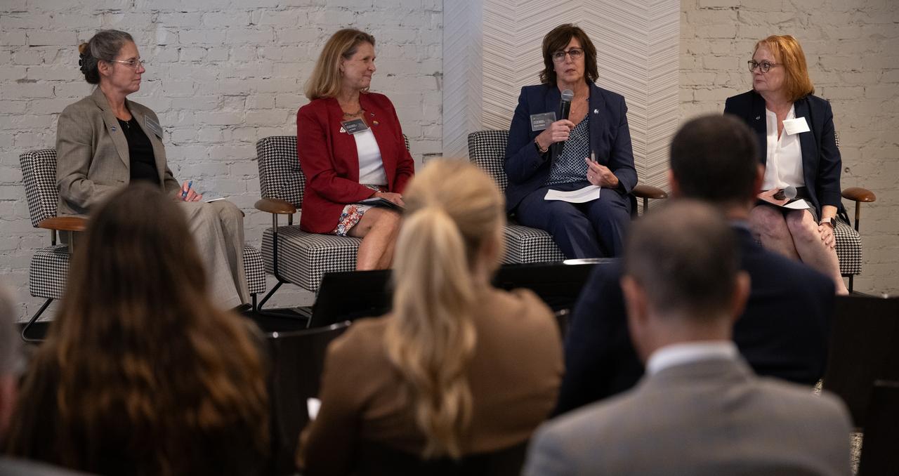 Sandra Connelly, deputy associate administrator for NASA’s Science Mission Directorate, left, Lori Glaze, acting deputy associate administrator for NASA’s Exploration Systems Development Mission Directorate, Robyn Gatens, director of the International Space Station at NASA Headquarters, and Carrie Olsen, manager of the Next Gen STEM project for NASA’s Office of STEM Engagement, discuss key takeaways at the conclusion of NASA’s LEO Microgravity Strategy Industry and Academia Workshop, Friday, Sept. 13, 2024, at Convene in Washington. NASA’s LEO Microgravity Strategy effort aims to develop and document an objectives-based approach toward the next generation of human presence in low Earth orbit to advance microgravity science, technology, and exploration. Photo Credit: (NASA/Joel Kowsky)