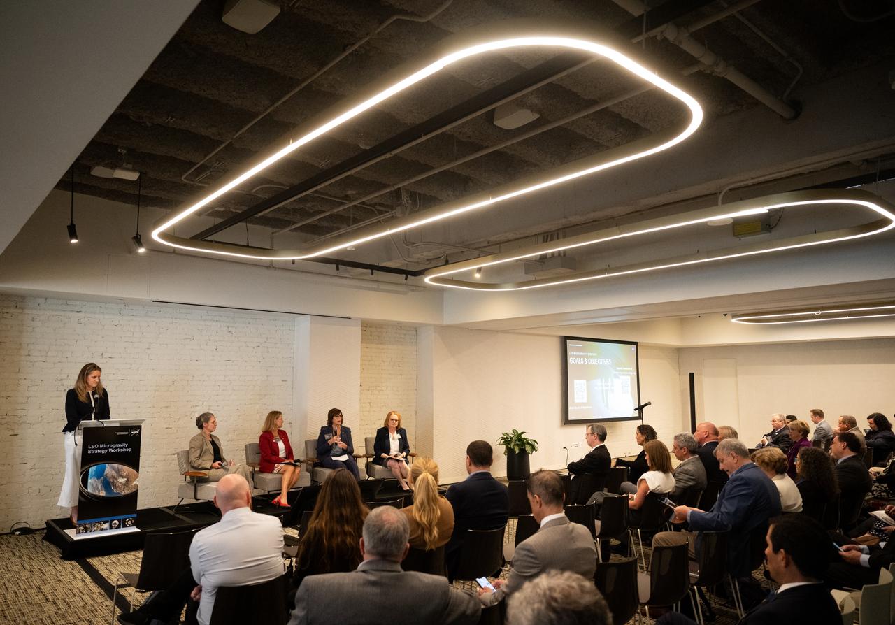 Amber Jacobson, press secretary to NASA’s Deputy Administrator, left, moderates a discussion of key takeaways with Sandra Connelly, deputy associate administrator for NASA’s Science Mission Directorate, second from left, Lori Glaze, acting deputy associate administrator for NASA’s Exploration Systems Development Mission Directorate, Robyn Gatens, director of the International Space Station at NASA Headquarters, and Carrie Olsen, manager of the Next Gen STEM project for NASA’s Office of STEM Engagement, at the conclusion of NASA’s LEO Microgravity Strategy Industry and Academia Workshop, Friday, Sept. 13, 2024, at Convene in Washington. NASA’s LEO Microgravity Strategy effort aims to develop and document an objectives-based approach toward the next generation of human presence in low Earth orbit to advance microgravity science, technology, and exploration. Photo Credit: (NASA/Joel Kowsky)