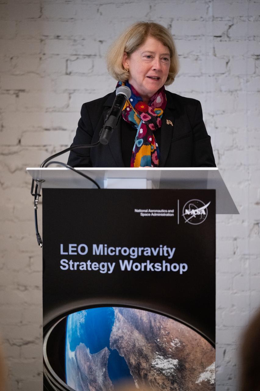 NASA Deputy Administrator Pam Melroy gives closing remarks at NASA’s LEO Microgravity Strategy Industry and Academia Workshop, Friday, Sept. 13, 2024, at Convene in Washington. NASA’s LEO Microgravity Strategy effort aims to develop and document an objectives-based approach toward the next generation of human presence in low Earth orbit to advance microgravity science, technology, and exploration. Photo Credit: (NASA/Joel Kowsky)