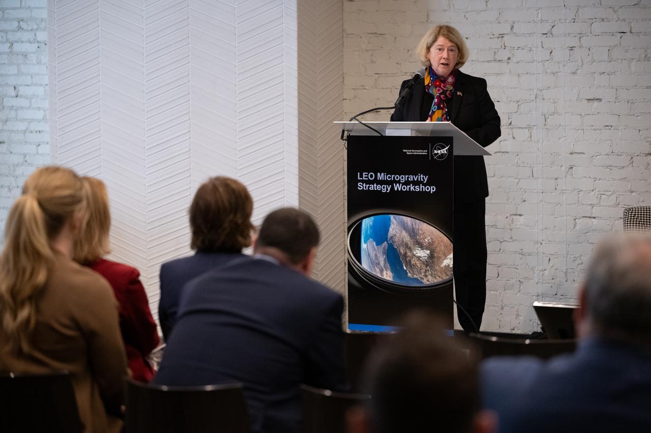 NASA Deputy Administrator Pam Melroy gives closing remarks at NASA’s LEO Microgravity Strategy Industry and Academia Workshop, Friday, Sept. 13, 2024, at Convene in Washington. NASA’s LEO Microgravity Strategy effort aims to develop and document an objectives-based approach toward the next generation of human presence in low Earth orbit to advance microgravity science, technology, and exploration. Photo Credit: (NASA/Joel Kowsky)
