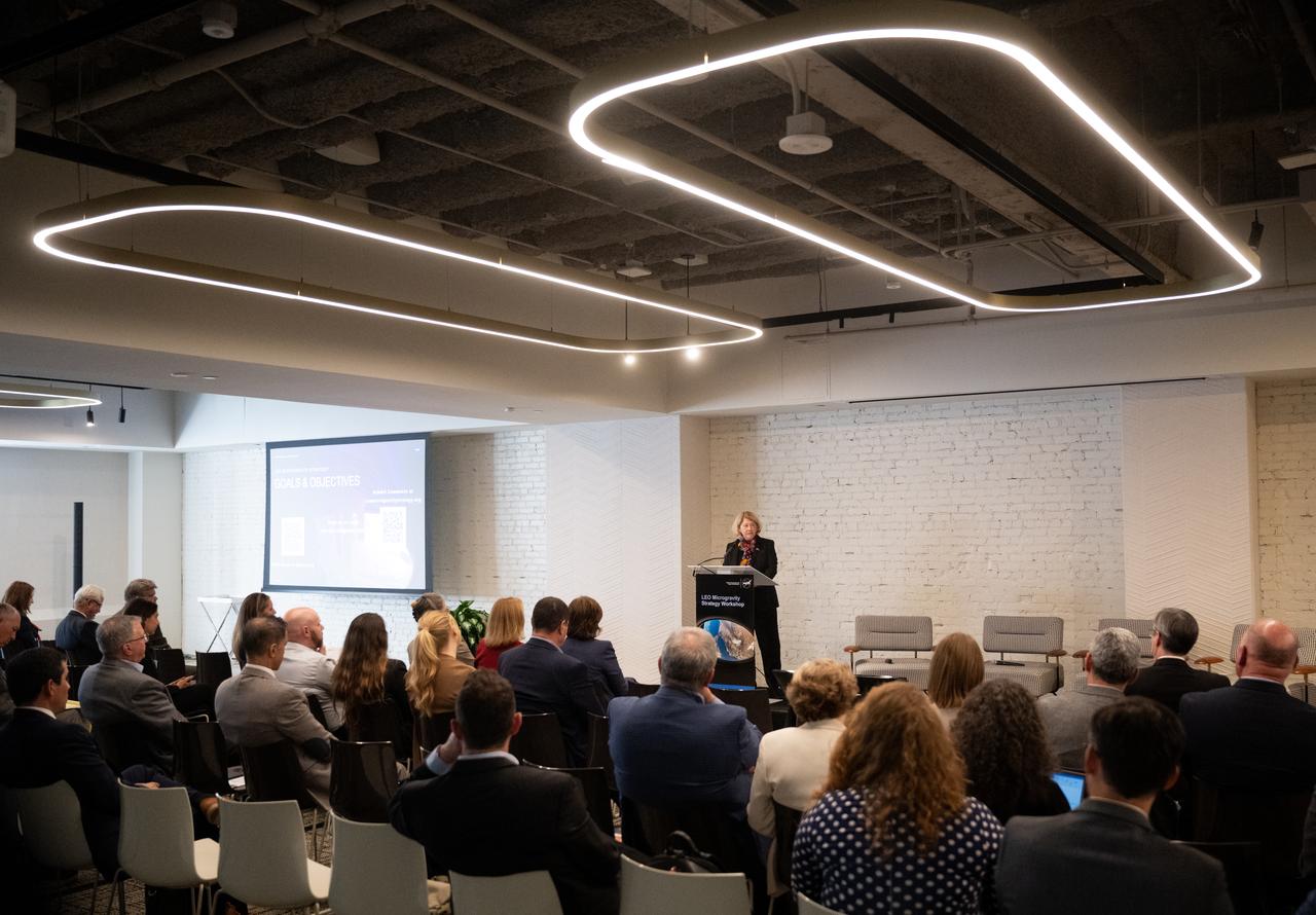 NASA Deputy Administrator Pam Melroy gives closing remarks at NASA’s LEO Microgravity Strategy Industry and Academia Workshop, Friday, Sept. 13, 2024, at Convene in Washington. NASA’s LEO Microgravity Strategy effort aims to develop and document an objectives-based approach toward the next generation of human presence in low Earth orbit to advance microgravity science, technology, and exploration. Photo Credit: (NASA/Joel Kowsky)