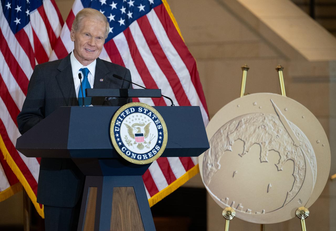 NASA Administrator Bill Nelson delivers remarks during a Congressional Gold Medal ceremony recognizing NASA’s Hidden Figures, Wednesday, Sept. 18, 2024, in Emancipation Hall at the U.S. Capitol in Washington. Congressional Gold Medals were awarded to Katherine Johnson, Dr. Christine Darden, Dorothy Vaughan, and Mary W. Jackson in recognition of their service to the United States as well as a Congressional Gold Medal in recognition of all the women who served as computers, mathematicians, and engineers at the National Advisory Committee for Aeronautics and NASA between the 1930s and 1970s.  Photo Credit: (NASA/Joel Kowsky)