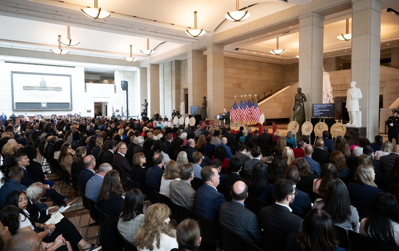 NASA Administrator Bill Nelson delivers remarks during a Congressional Gold Medal ceremony recognizing NASA’s Hidden Figures, Wednesday, Sept. 18, 2024, in Emancipation Hall at the U.S. Capitol in Washington. Congressional Gold Medals were awarded to Katherine Johnson, Dr. Christine Darden, Dorothy Vaughan, and Mary W. Jackson in recognition of their service to the United States as well as a Congressional Gold Medal in recognition of all the women who served as computers, mathematicians, and engineers at the National Advisory Committee for Aeronautics and NASA between the 1930s and 1970s.  Photo Credit: (NASA/Joel Kowsky)