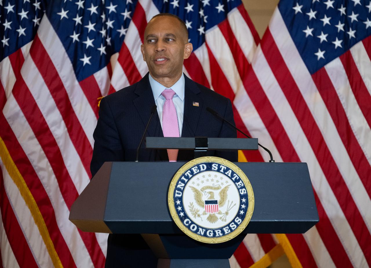 Democratic Leader Hakeem Jeffries (D-NY) delivers remarks during a Congressional Gold Medal ceremony recognizing NASA’s Hidden Figures, Wednesday, Sept. 18, 2024, in Emancipation Hall at the U.S. Capitol in Washington. Congressional Gold Medals were awarded to Katherine Johnson, Dr. Christine Darden, Dorothy Vaughan, and Mary W. Jackson in recognition of their service to the United States as well as a Congressional Gold Medal in recognition of all the women who served as computers, mathematicians, and engineers at the National Advisory Committee for Aeronautics and NASA between the 1930s and 1970s.  Photo Credit: (NASA/Joel Kowsky)