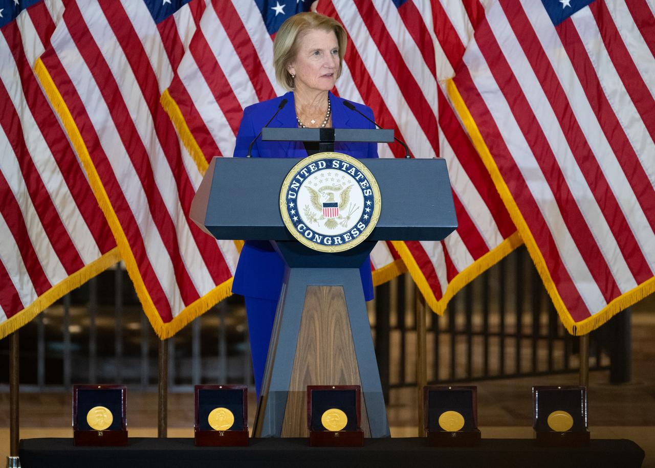 Sen. Shelly Moore Capito (R-WV), delivers remarks during a Congressional Gold Medal ceremony recognizing NASA’s Hidden Figures, Wednesday, Sept. 18, 2024, in Emancipation Hall at the U.S. Capitol in Washington. Congressional Gold Medals were awarded to Katherine Johnson, Dr. Christine Darden, Dorothy Vaughan, and Mary W. Jackson in recognition of their service to the United States as well as a Congressional Gold Medal in recognition of all the women who served as computers, mathematicians, and engineers at the National Advisory Committee for Aeronautics and NASA between the 1930s and 1970s.  Photo Credit: (NASA/Joel Kowsky)