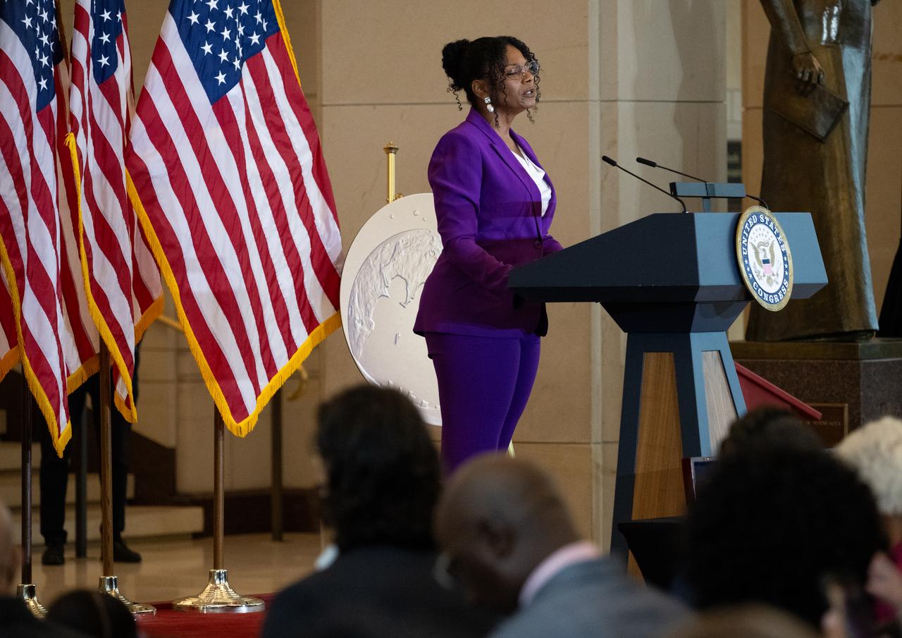 Audra McDonald sings “America the Beautiful” during a Congressional Gold Medal ceremony recognizing NASA’s Hidden Figures, Wednesday, Sept. 18, 2024, in Emancipation Hall at the U.S. Capitol in Washington. Congressional Gold Medals were awarded to Katherine Johnson, Dr. Christine Darden, Dorothy Vaughan, and Mary W. Jackson in recognition of their service to the United States as well as a Congressional Gold Medal in recognition of all the women who served as computers, mathematicians, and engineers at the National Advisory Committee for Aeronautics and NASA between the 1930s and 1970s.  Photo Credit: (NASA/Joel Kowsky)