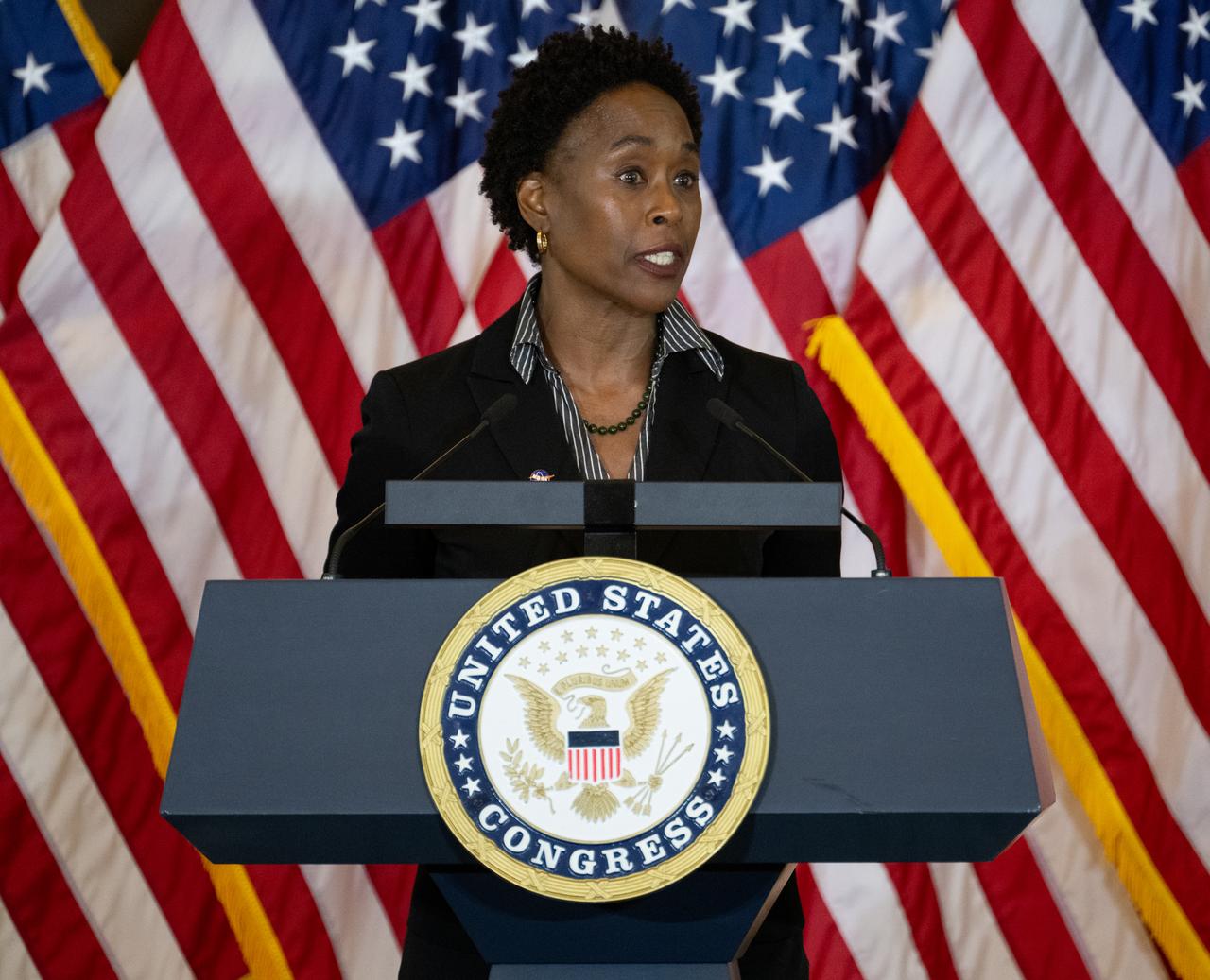 Margot Lee Shetterly, author of "Hidden Figures”, delivers remarks during a Congressional Gold Medal ceremony recognizing NASA’s Hidden Figures, Wednesday, Sept. 18, 2024, in Emancipation Hall at the U.S. Capitol in Washington. Congressional Gold Medals were awarded to Katherine Johnson, Dr. Christine Darden, Dorothy Vaughan, and Mary W. Jackson in recognition of their service to the United States as well as a Congressional Gold Medal in recognition of all the women who served as computers, mathematicians, and engineers at the National Advisory Committee for Aeronautics and NASA between the 1930s and 1970s.  Photo Credit: (NASA/Joel Kowsky)