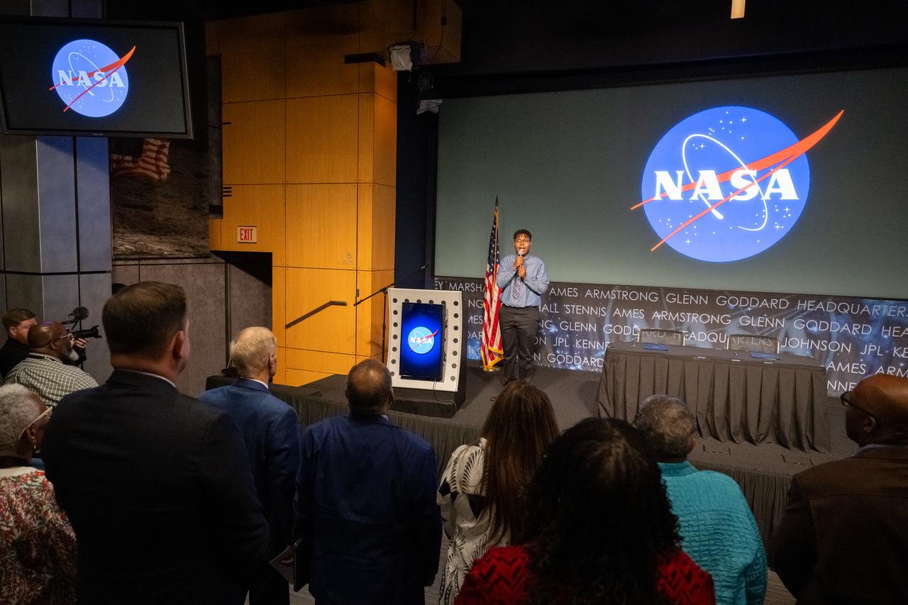Soloist Craig Martin performs an anthem during a 5th Annual Hidden Figures Street Naming Anniversary event Thursday, Sept. 19, 2024, at the Mary W. Jackson NASA Headquarters building in Washington. Photo Credit: (NASA/Keegan Barber)