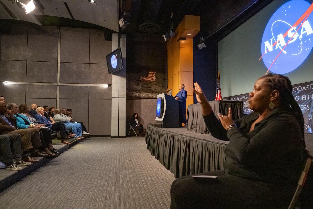 NAACP Board Chair Leon Russell delivers remarks during a 5th Annual Hidden Figures Street Naming Anniversary event Thursday, Sept. 19, 2024, at the Mary W. Jackson NASA Headquarters building in Washington. Photo Credit: (NASA/Keegan Barber)
