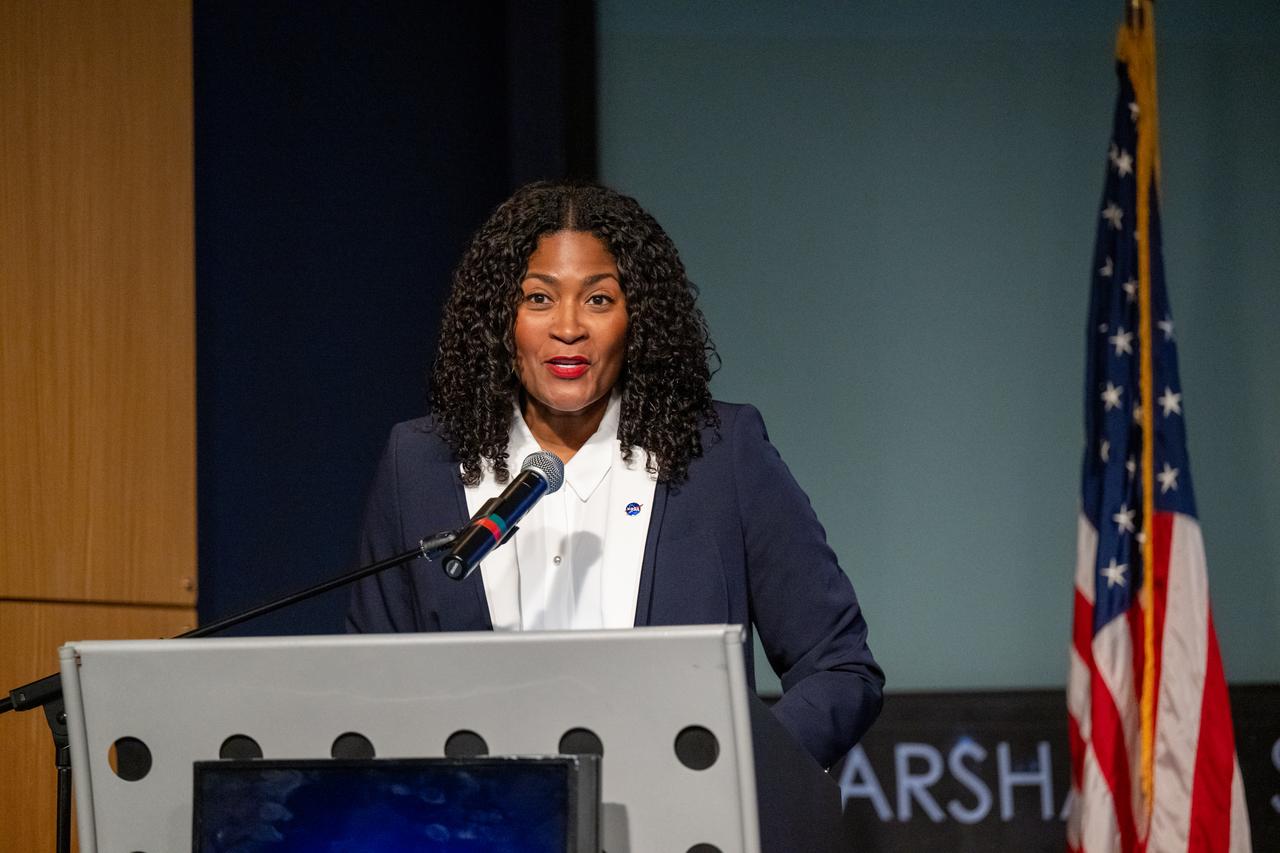 NASA Office of Communications Director of Engagement Aya Collins delivers remarks during a 5th Annual Hidden Figures Street Naming Anniversary event Thursday, Sept. 19, 2024, at the Mary W. Jackson NASA Headquarters building in Washington.  Photo Credit: (NASA/Keegan Barber)