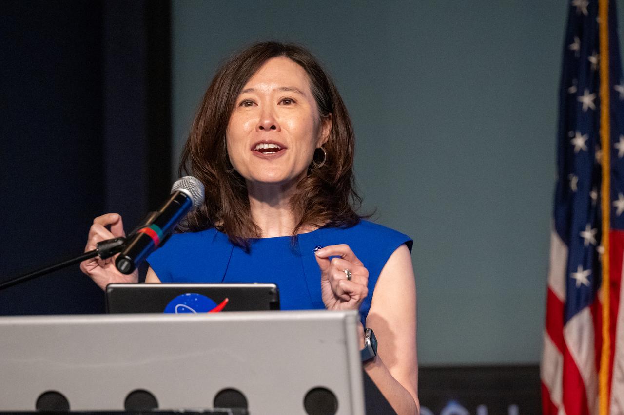 NASA Office of STEM Engagement Associate Administrator Elaine Ho delivers remarks during a 5th Annual Hidden Figures Street Naming Anniversary event Thursday, Sept. 19, 2024, at the Mary W. Jackson NASA Headquarters building in Washington. Photo Credit: (NASA/Keegan Barber)