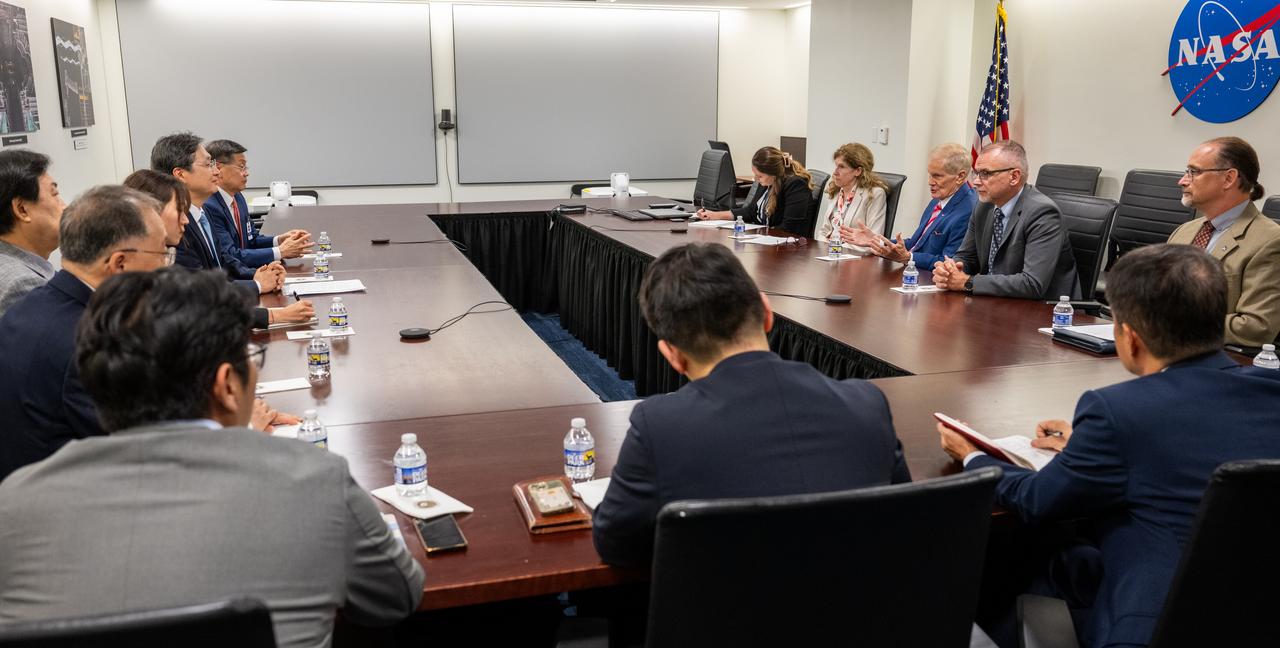 NASA Administrator Bill Nelson, second from right, delivers remarks during a bilateral meeting with Korea AeroSpace Administration (KASA) Administrator Youngbin Yoon Thursday, Sept. 19, 2024, at the Mary W. Jackson NASA Headquarters building in Washington.  Photo Credit: (NASA/Keegan Barber)