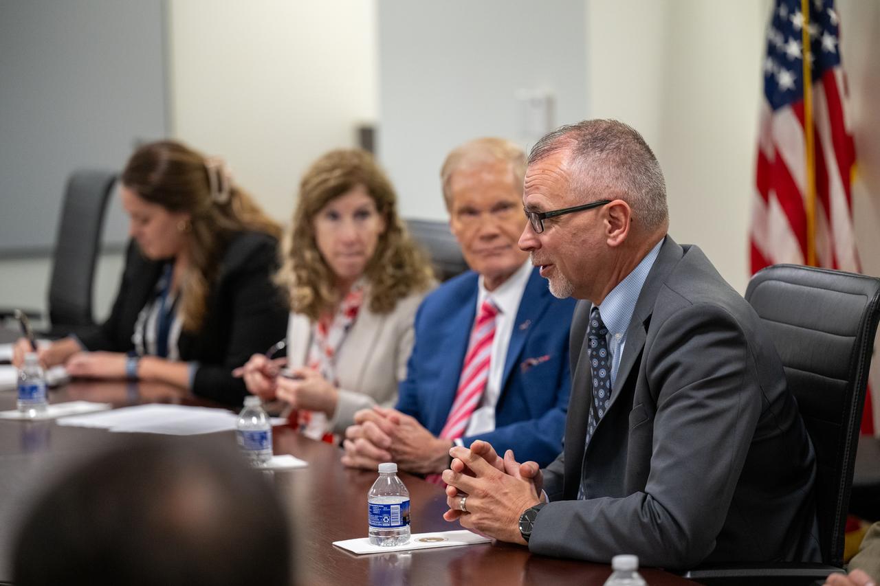 NASA Associate Administrator Jim Free, right, delivers remarks during a bilateral meeting with Korea AeroSpace Administration (KASA) Administrator Youngbin Yoon and NASA Administrator Bill Nelson Thursday, Sept. 19, 2024, at the Mary W. Jackson NASA Headquarters building in Washington.  Photo Credit: (NASA/Keegan Barber)