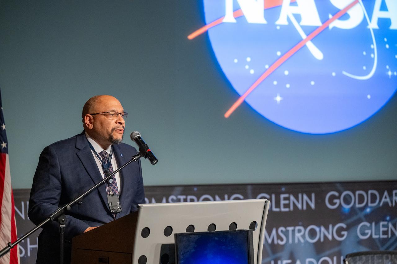 NASA Office of STEM Engagement Deputy Associate Administrator Torry Johnson delivers remarks during a 5th Annual Hidden Figures Street Naming Anniversary event Thursday, Sept. 19, 2024, at the Mary W. Jackson NASA Headquarters building in Washington.  Photo Credit: (NASA/Keegan Barber)