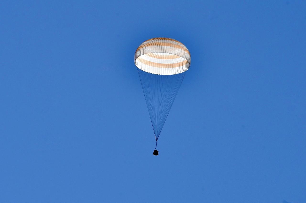 The Soyuz MS-25 spacecraft is seen as it lands in a remote area near the town of Zhezkazgan, Kazakhstan with Expedition 71 NASA astronaut Tracy C. Dyson, and Roscosmos cosmonauts Nikolai Chub and Oleg Kononenko, Monday, Sept. 23, 2024. Dyson is returning to Earth after logging 184 days in space as a member of Expeditions 70-71 aboard the International Space Station and Chub and Kononenko return after having spent the last 374 days in space. Photo Credit: (NASA/GCTC/Pavel Shvets)