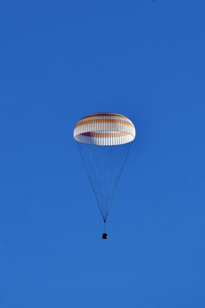 The Soyuz MS-25 spacecraft is seen as it lands in a remote area near the town of Zhezkazgan, Kazakhstan with Expedition 71 NASA astronaut Tracy C. Dyson, and Roscosmos cosmonauts Nikolai Chub and Oleg Kononenko, Monday, Sept. 23, 2024. Dyson is returning to Earth after logging 184 days in space as a member of Expeditions 70-71 aboard the International Space Station and Chub and Kononenko return after having spent the last 374 days in space. Photo Credit: (NASA/GCTC/Pavel Shvets)
