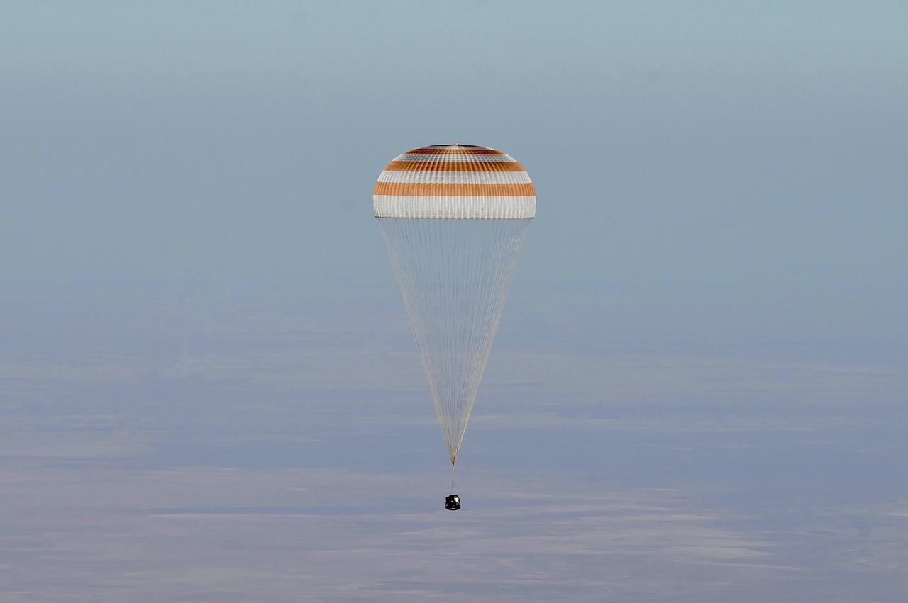 The Soyuz MS-25 spacecraft is seen as it lands in a remote area near the town of Zhezkazgan, Kazakhstan with Expedition 71 NASA astronaut Tracy C. Dyson, and Roscosmos cosmonauts Nikolai Chub and Oleg Kononenko, Monday, Sept. 23, 2024. Dyson is returning to Earth after logging 184 days in space as a member of Expeditions 70-71 aboard the International Space Station and Chub and Kononenko return after having spent the last 374 days in space. Photo Credit: (NASA/GCTC/Pavel Shvets)