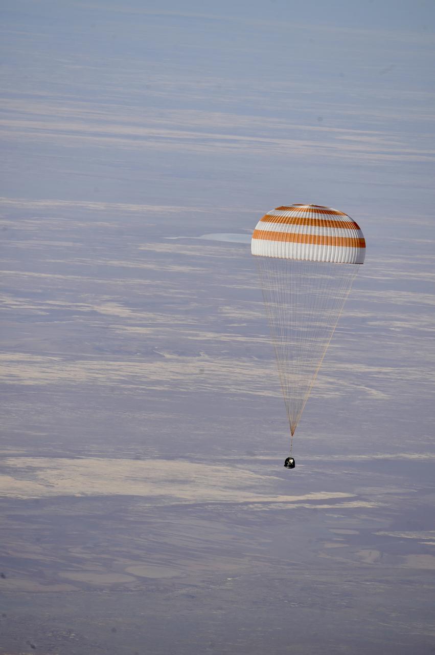 The Soyuz MS-25 spacecraft is seen as it lands in a remote area near the town of Zhezkazgan, Kazakhstan with Expedition 71 NASA astronaut Tracy C. Dyson, and Roscosmos cosmonauts Nikolai Chub and Oleg Kononenko, Monday, Sept. 23, 2024. Dyson is returning to Earth after logging 184 days in space as a member of Expeditions 70-71 aboard the International Space Station and Chub and Kononenko return after having spent the last 374 days in space. Photo Credit: (NASA/GCTC/Pavel Shvets)