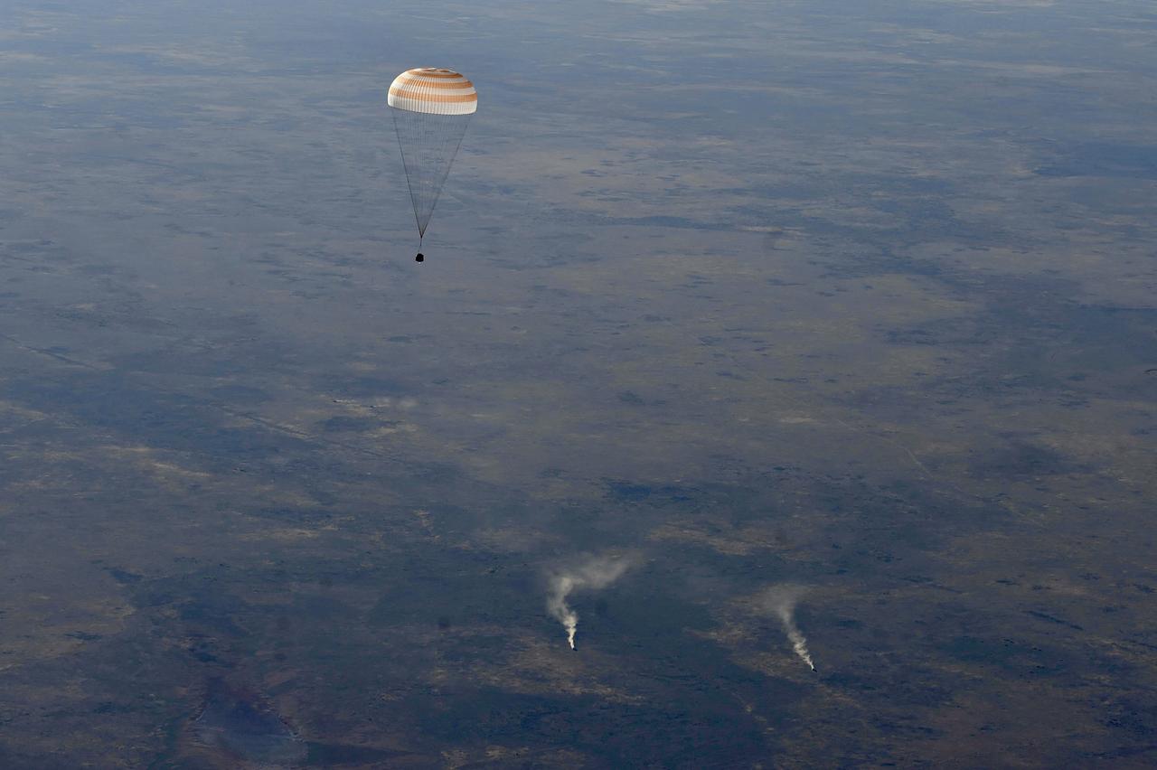 The Soyuz MS-25 spacecraft is seen as it lands in a remote area near the town of Zhezkazgan, Kazakhstan with Expedition 71 NASA astronaut Tracy C. Dyson, and Roscosmos cosmonauts Nikolai Chub and Oleg Kononenko, Monday, Sept. 23, 2024. Dyson is returning to Earth after logging 184 days in space as a member of Expeditions 70-71 aboard the International Space Station and Chub and Kononenko return after having spent the last 374 days in space. Photo Credit: (NASA/GCTC/Pavel Shvets)