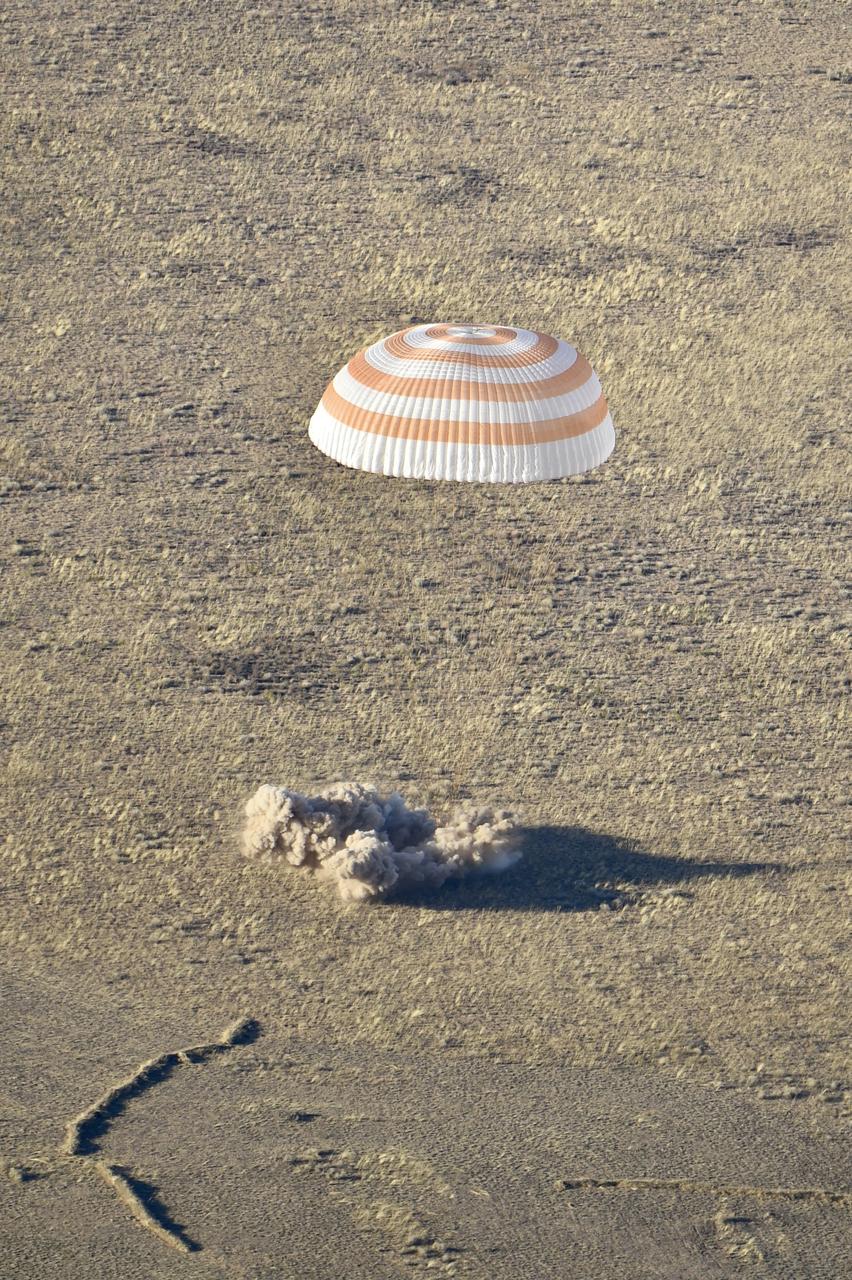 The Soyuz MS-25 spacecraft is seen as it lands in a remote area near the town of Zhezkazgan, Kazakhstan with Expedition 71 NASA astronaut Tracy C. Dyson, and Roscosmos cosmonauts Nikolai Chub and Oleg Kononenko, Monday, Sept. 23, 2024. Dyson is returning to Earth after logging 184 days in space as a member of Expeditions 70-71 aboard the International Space Station and Chub and Kononenko return after having spent the last 374 days in space. Photo Credit: (NASA/GCTC/Pavel Shvets)