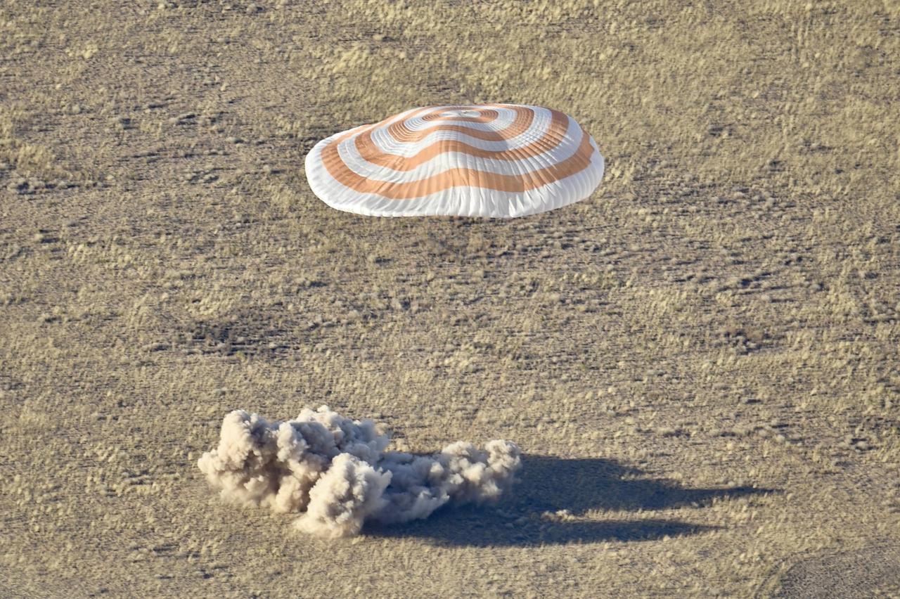 The Soyuz MS-25 spacecraft is seen as it lands in a remote area near the town of Zhezkazgan, Kazakhstan with Expedition 71 NASA astronaut Tracy C. Dyson, and Roscosmos cosmonauts Nikolai Chub and Oleg Kononenko, Monday, Sept. 23, 2024. Dyson is returning to Earth after logging 184 days in space as a member of Expeditions 70-71 aboard the International Space Station and Chub and Kononenko return after having spent the last 374 days in space. Photo Credit: (NASA/GCTC/Pavel Shvets)