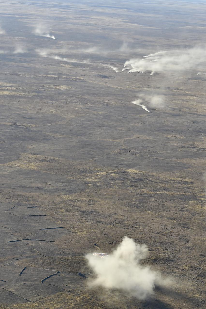 The Soyuz MS-25 spacecraft is seen as it lands in a remote area near the town of Zhezkazgan, Kazakhstan with Expedition 71 NASA astronaut Tracy C. Dyson, and Roscosmos cosmonauts Nikolai Chub and Oleg Kononenko, Monday, Sept. 23, 2024. Dyson is returning to Earth after logging 184 days in space as a member of Expeditions 70-71 aboard the International Space Station and Chub and Kononenko return after having spent the last 374 days in space. Photo Credit: (NASA/GCTC/Pavel Shvets)