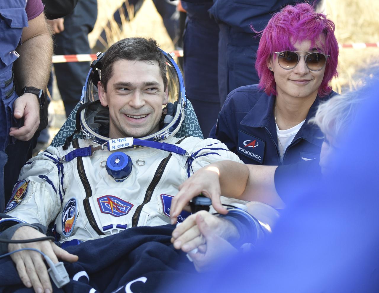 Roscosmos cosmonaut Nikolai Chub is seen outside the Soyuz MS-25 spacecraft after he landed with Roscosmos cosmonaut Oleg Kononenko, and NASA astronaut Tracy C. Dyson, in a remote area near the town of Zhezkazgan, Kazakhstan on Monday, Sept. 23, 2024. Dyson is returning to Earth after logging 184 days in space as a member of Expeditions 70-71 aboard the International Space Station and Chub and Kononenko return after having spent the last 374 days in space. Photo Credit NASA/GCTC/Pavel Shvets