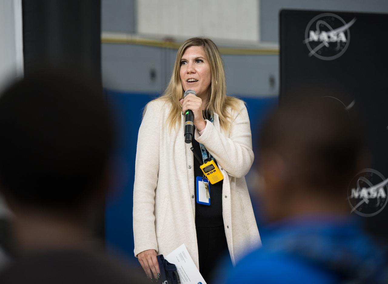 Principle of Wheatley Education Campus, Amanda Schmitt, provides remarks at a kickoff event for the 21st Century Community Learning Centers NASA and Department of Education partnership, Monday, Sept. 23, 2024 at Wheatley Education Campus in Washington. Students engaged in NASA hands-on activities and an engineering design challenge. Photo Credit: (NASA/Aubrey Gemignani)