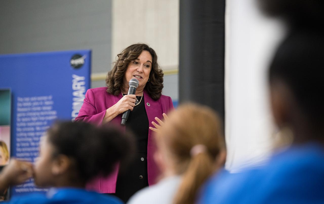 Deputy Secretary of the U.S. Department of Education, Cindy Marten, provides remarks at a kickoff event for the 21st Century Community Learning Centers NASA and Department of Education partnership, Monday, Sept. 23, 2024 at Wheatley Education Campus in Washington. Students engaged in NASA hands-on activities and an engineering design challenge. Photo Credit: (NASA/Aubrey Gemignani)