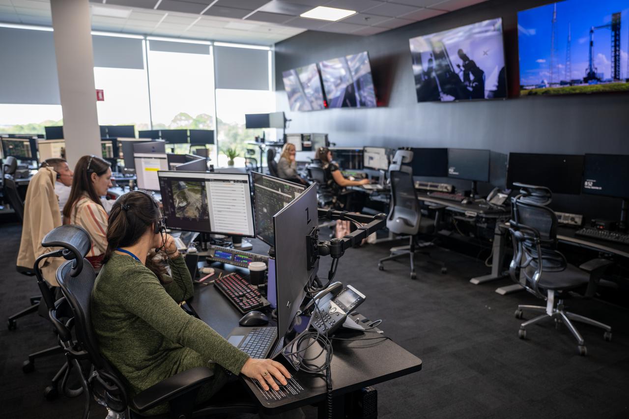 Staff monitor the countdown during a dress rehearsal in preparation for the launch of a SpaceX Falcon 9 rocket carrying the company's Dragon spacecraft on NASA’s SpaceX Crew-9 mission with NASA astronaut Nick Hague and Roscosmos cosmonaut Aleksandr Gorbunov onboard, Tuesday, Sept. 24, 2024, in the control room of SpaceX’s HangarX at NASA’s Kennedy Space Center in Florida. NASA’s SpaceX Crew-9 mission is the ninth crew rotation mission of the SpaceX Dragon spacecraft and Falcon 9 rocket to the International Space Station as part of the agency’s Commercial Crew Program. Photo Credit: (NASA/Keegan Barber)